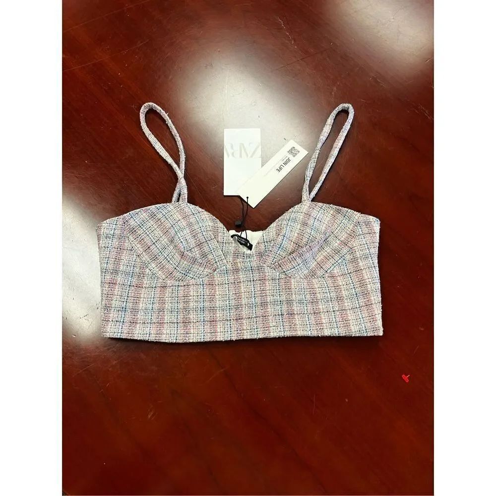 Zara Pink & Blue Plaid Tweed Corset Top sz S NWT